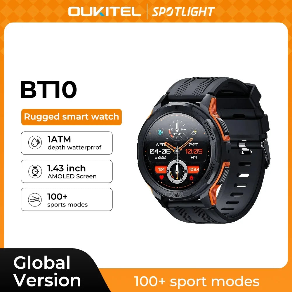 Oukitel Smartwatch BT10 Watch 1.43'' AMOLED Display 410mAh Bluetooth 100+sport modes Phone Calls Health and Fitness Tracking